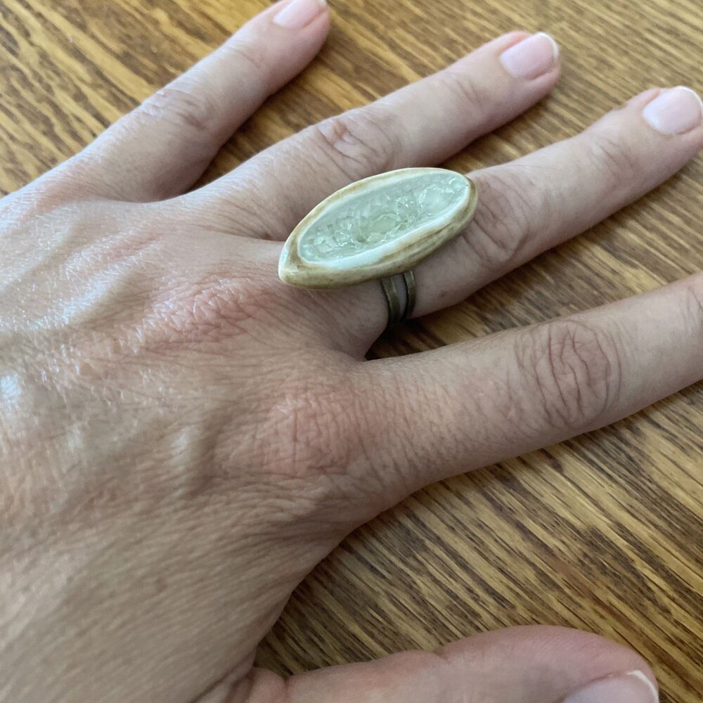 White Tan Oblong Chunky Boho Handmade Artisan‎ Ceramic Glass Ring Adjustable